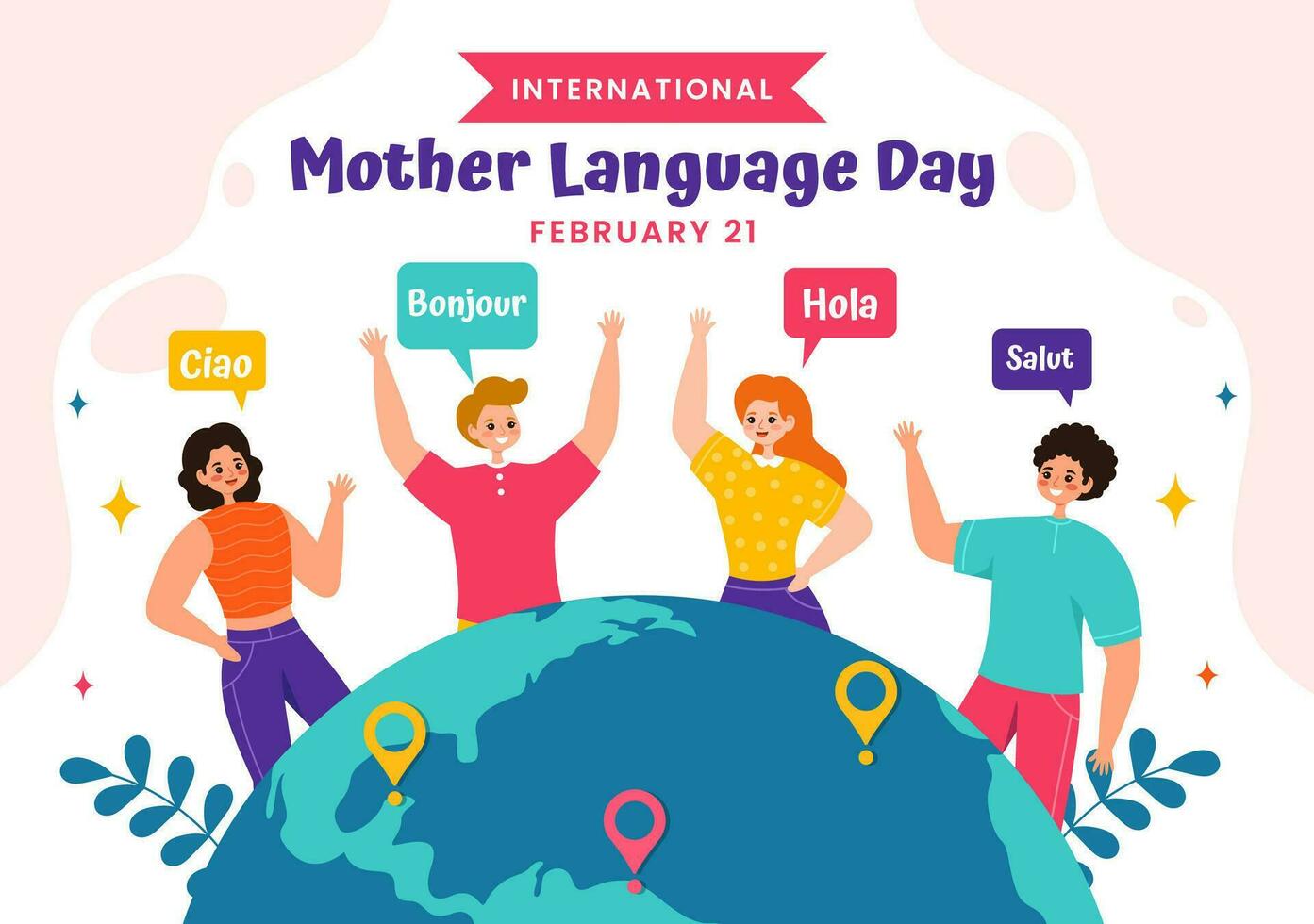 internacional madre idioma día vector ilustración en febrero 21 con mamá dice Hola en varios mundo idiomas en plano niños dibujos animados antecedentes
