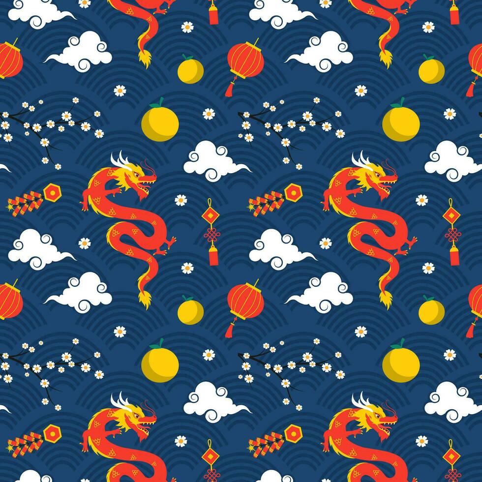 Happy Chinese New Year 2024 Seamless Pattern Design. Translation Year of the Dragon. with Lantern, Dragons and China Elements in Flat Illustration vector