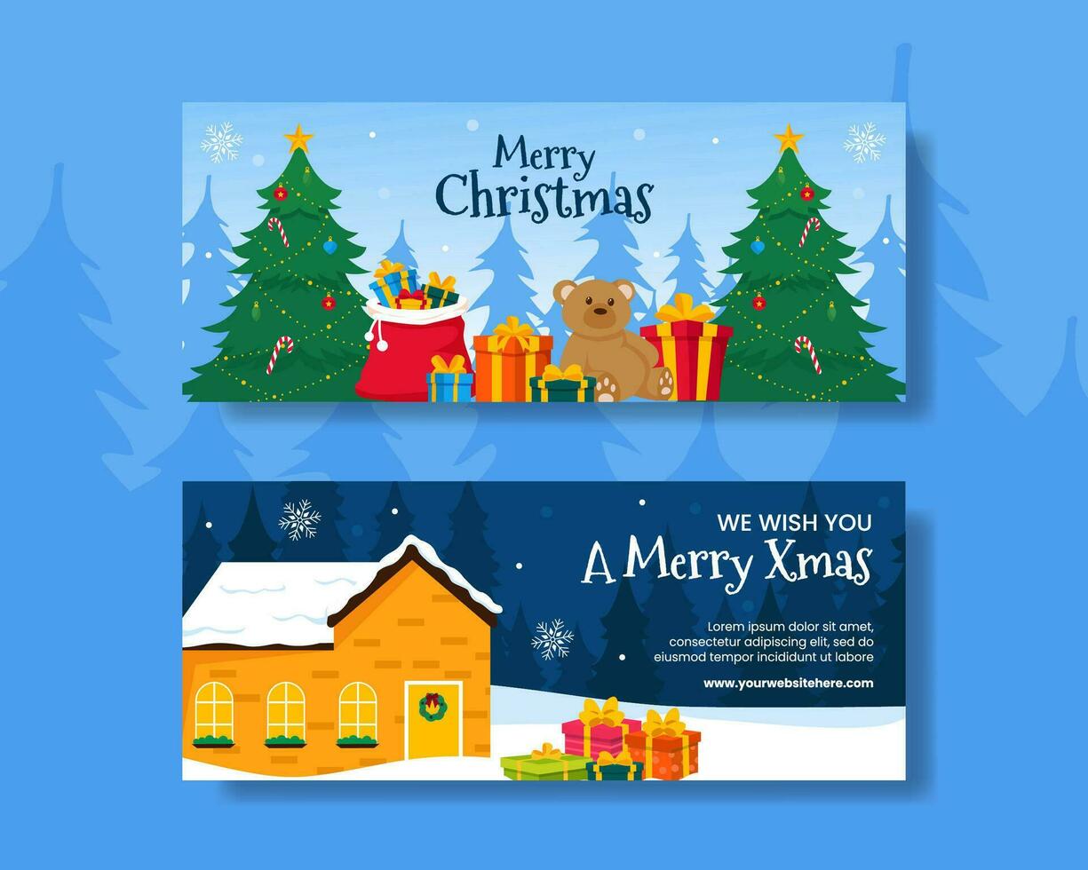 Merry Christmas Horizontal Banner Illustration Flat Cartoon Hand Drawn Templates Background vector