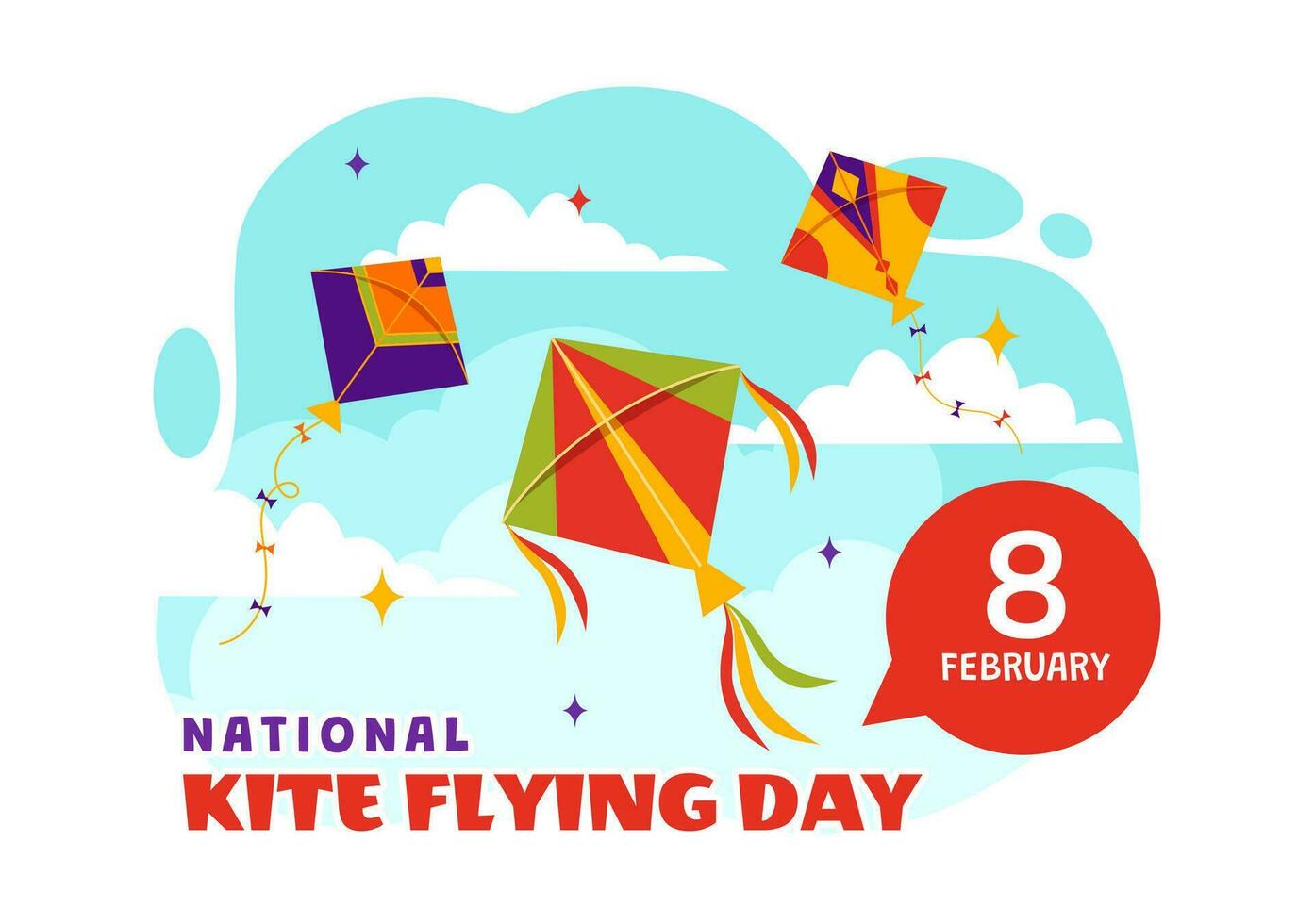 National Kite Flying Day Vector Illustration on February 8 of Sunny Sky Background in Summer Leisure Activity in Flat Cartoon Background Design