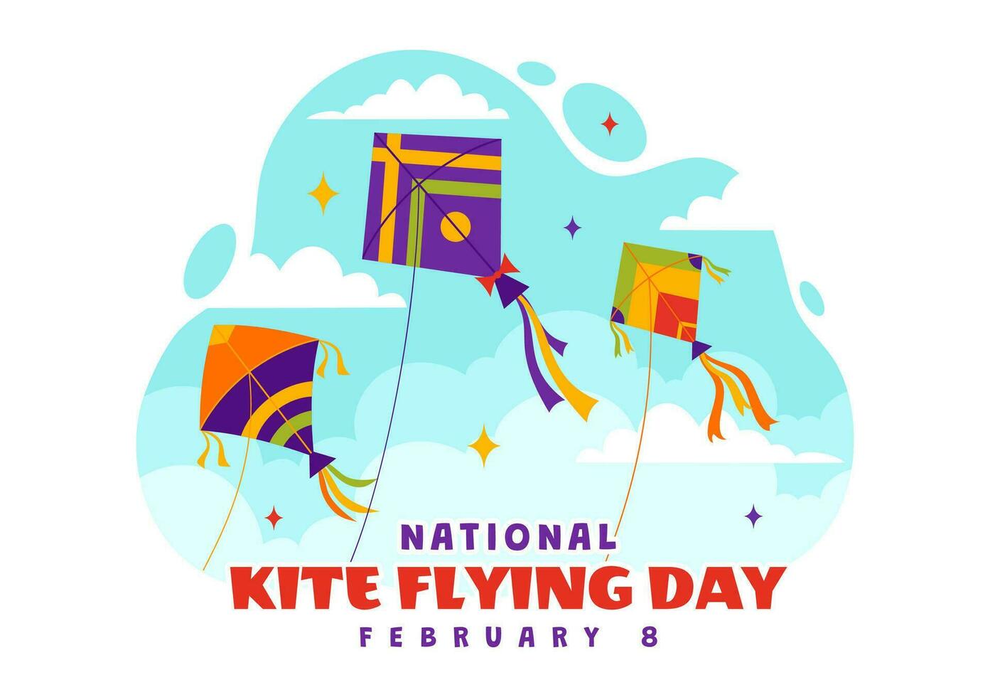 National Kite Flying Day Vector Illustration on February 8 of Sunny Sky Background in Summer Leisure Activity in Flat Cartoon Background Design