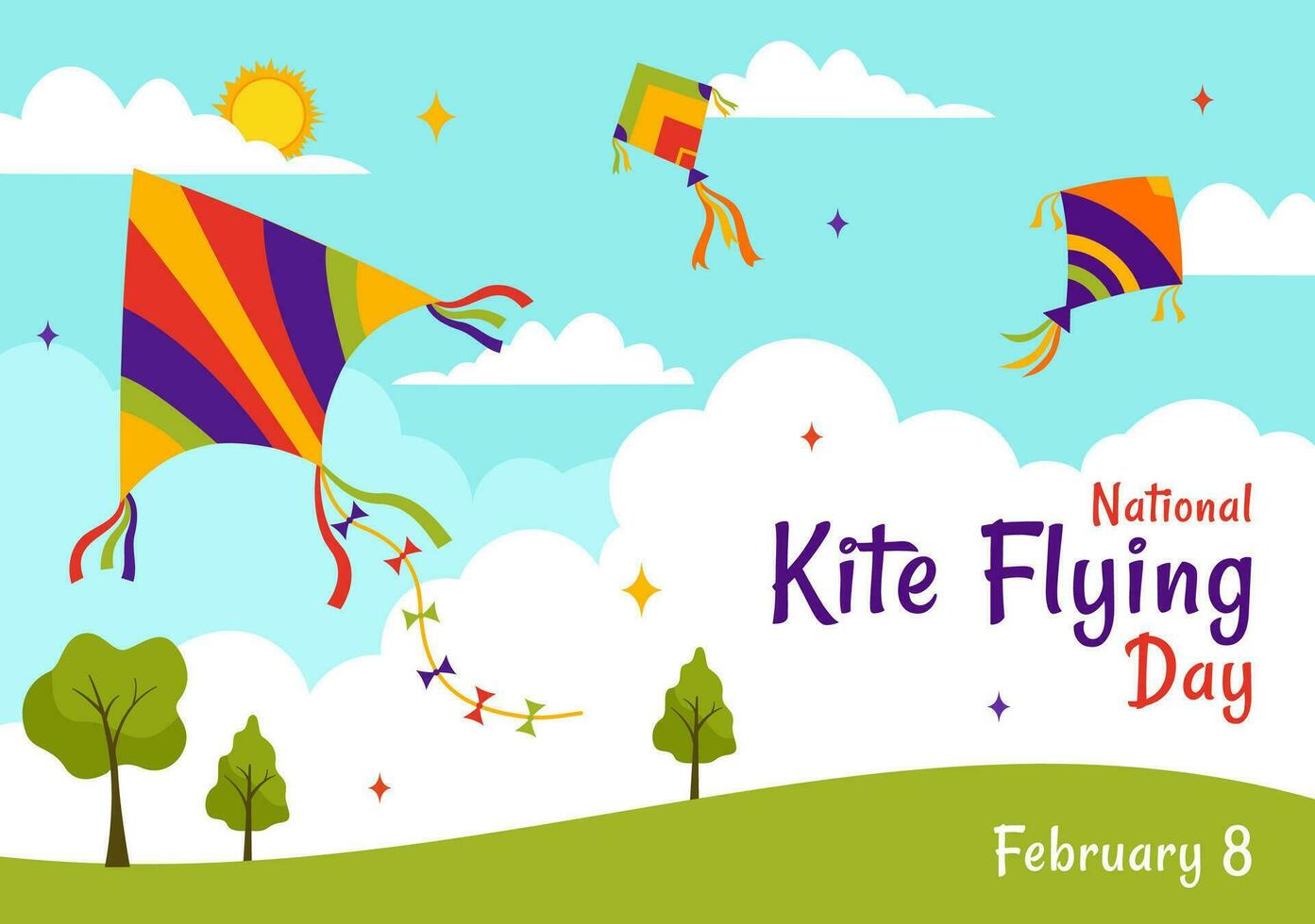 National Kite Flying Day Vector Illustration on February 8 of Sunny Sky Background in Summer Leisure Activity in Flat Cartoon Background Design