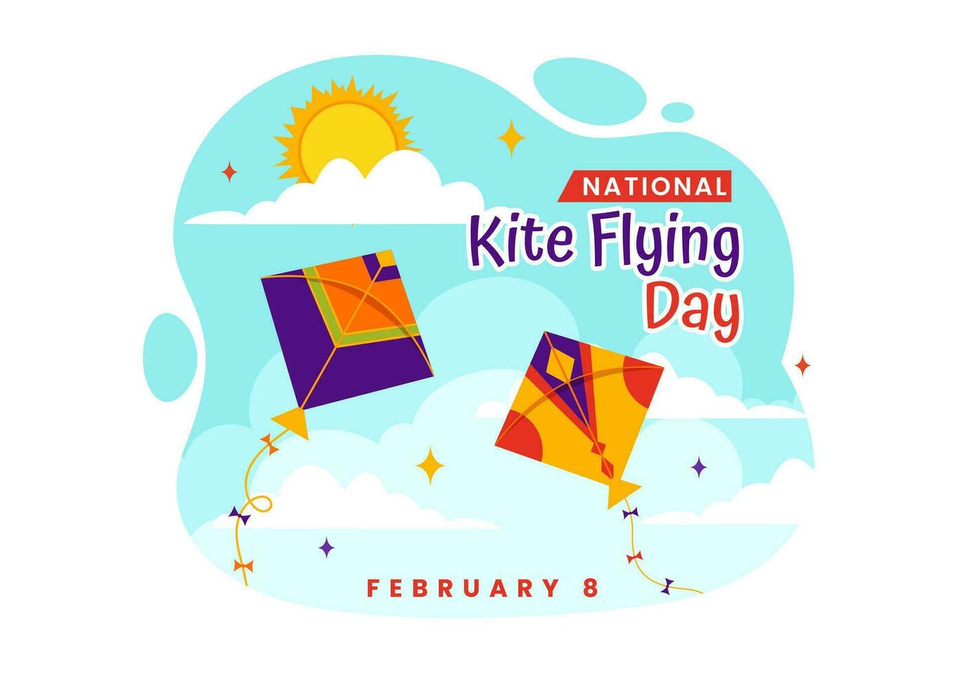 National Kite Flying Day Vector Illustration on February 8 of Sunny Sky Background in Summer Leisure Activity in Flat Cartoon Background Design