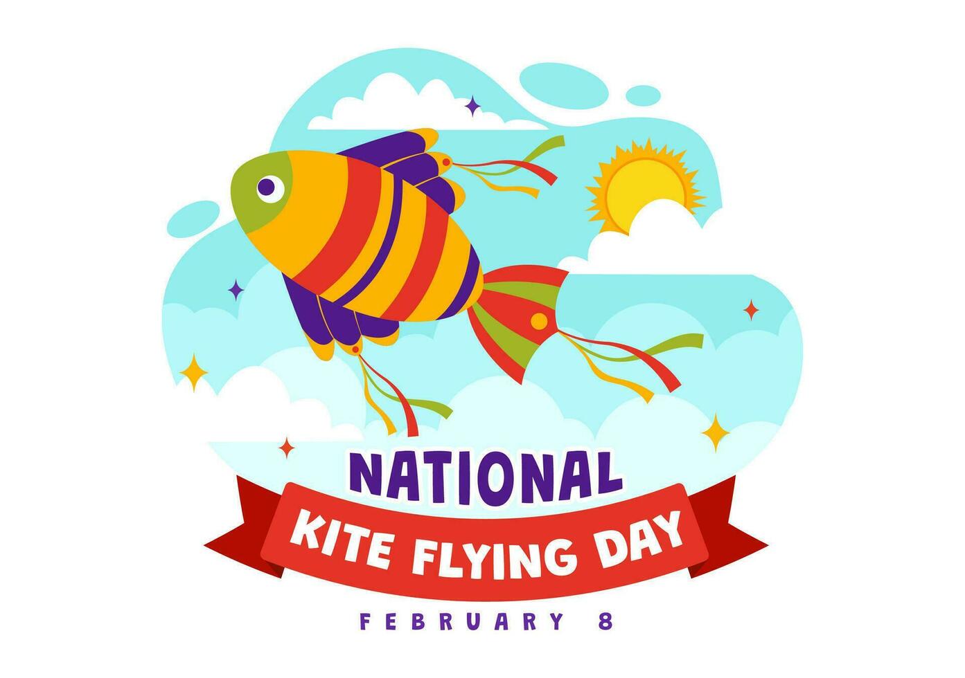 National Kite Flying Day Vector Illustration on February 8 of Sunny Sky Background in Summer Leisure Activity in Flat Cartoon Background Design