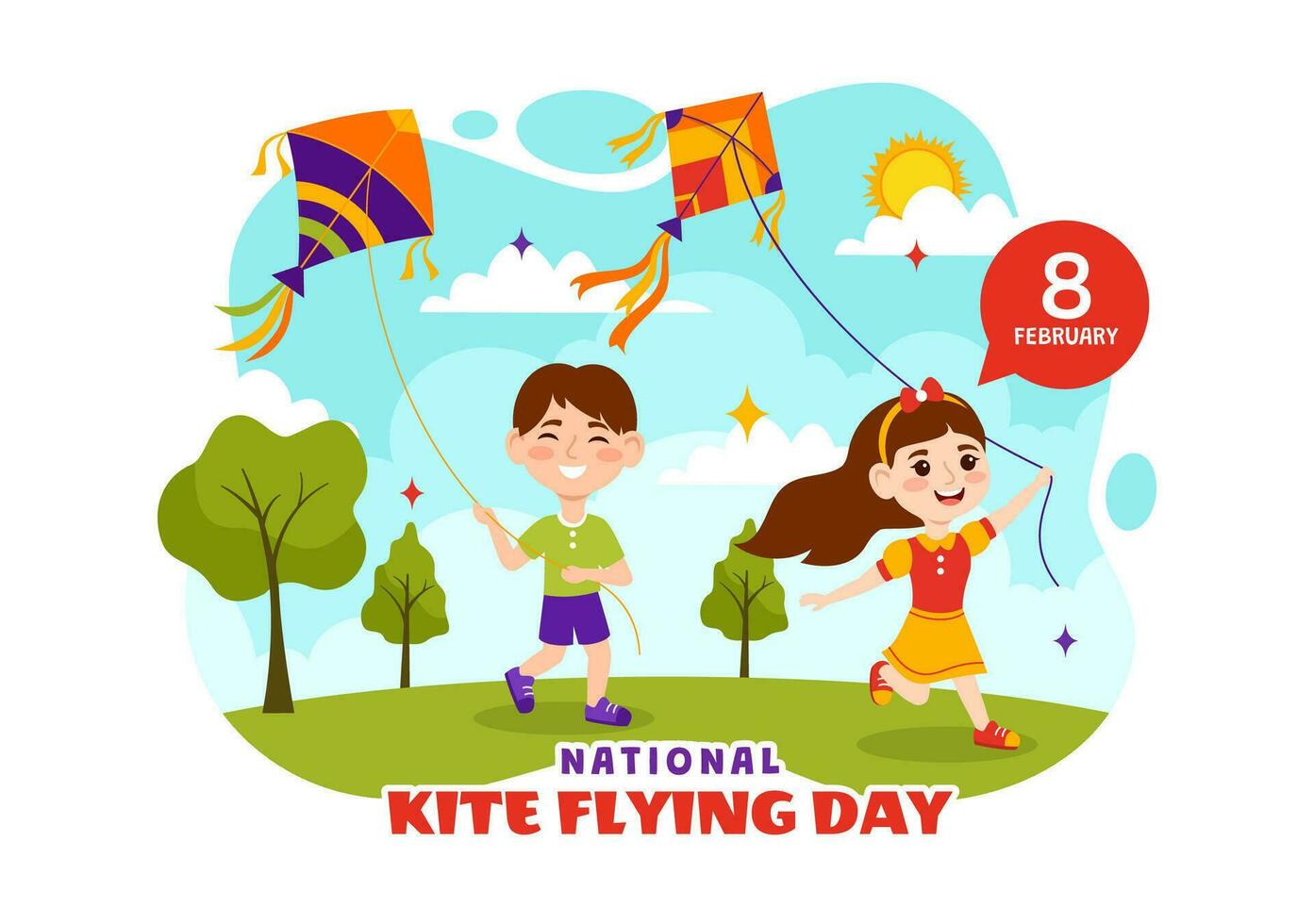 National Kite Flying Day Vector Illustration on February 8 of Sunny Sky Background in Summer Leisure Activity in Flat Cartoon Background Design