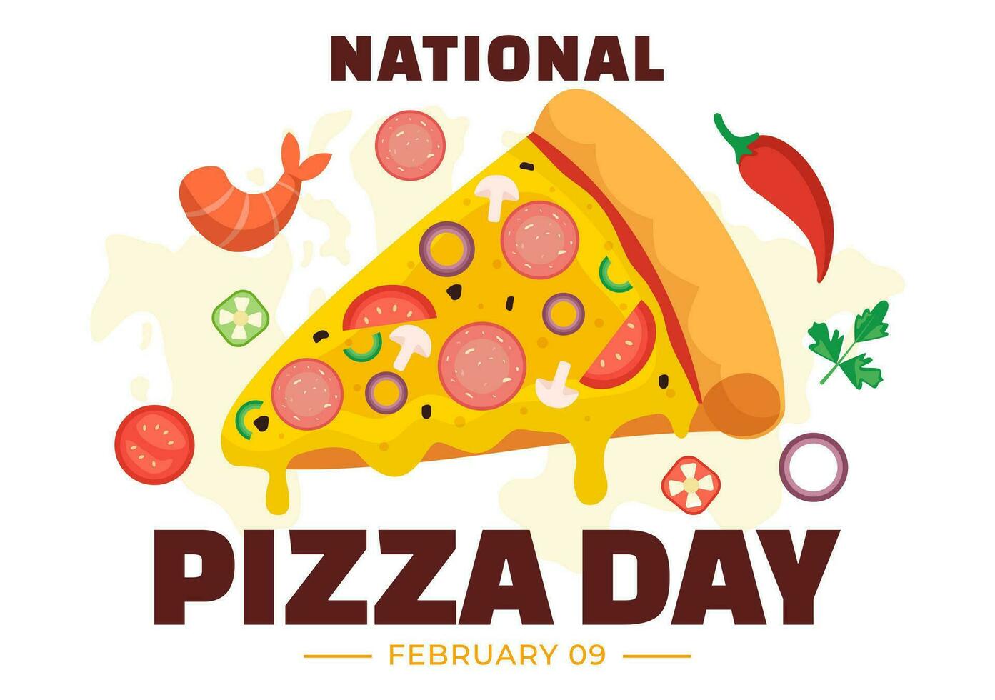 nacional Pizza día vector ilustración en febrero 9 9 con varios coberturas en cada rebanada para póster o bandera en plano dibujos animados antecedentes diseño