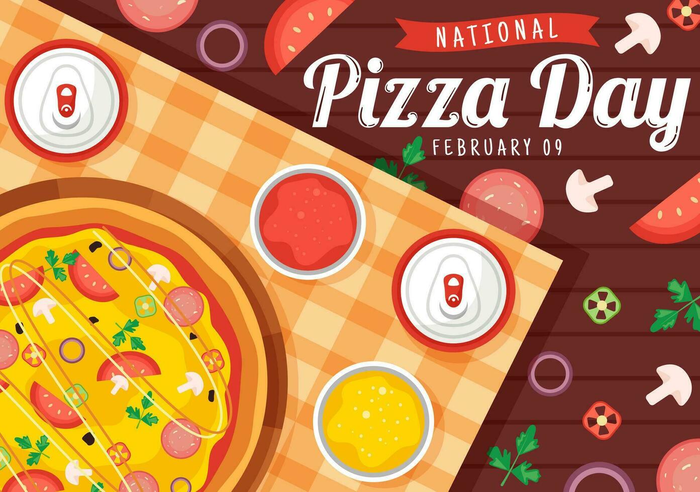 nacional Pizza día vector ilustración en febrero 9 9 con varios coberturas en cada rebanada para póster o bandera en plano dibujos animados antecedentes diseño