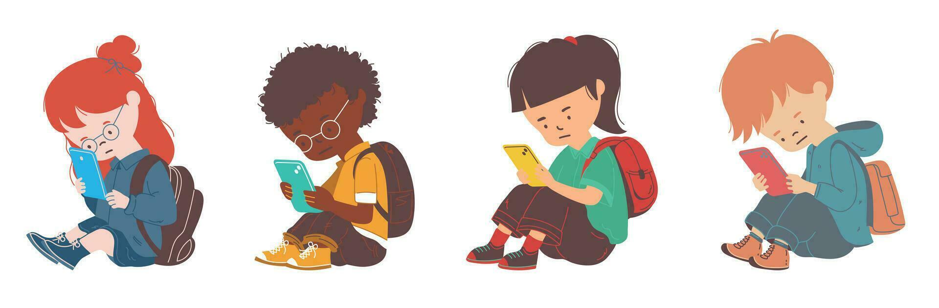 kid addicted to gadget and smartphone,smartphone addiction in children set vector