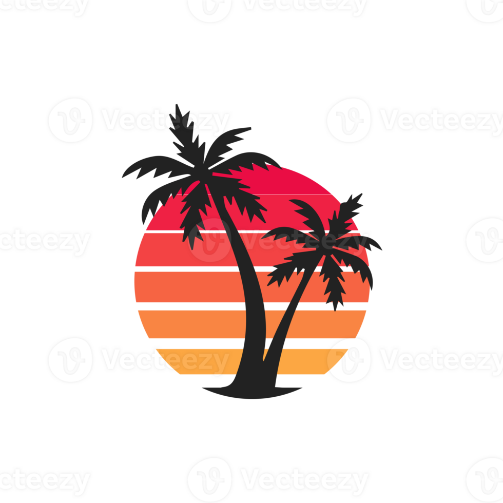 Retro palm tree with ,ulticolored sun shine png