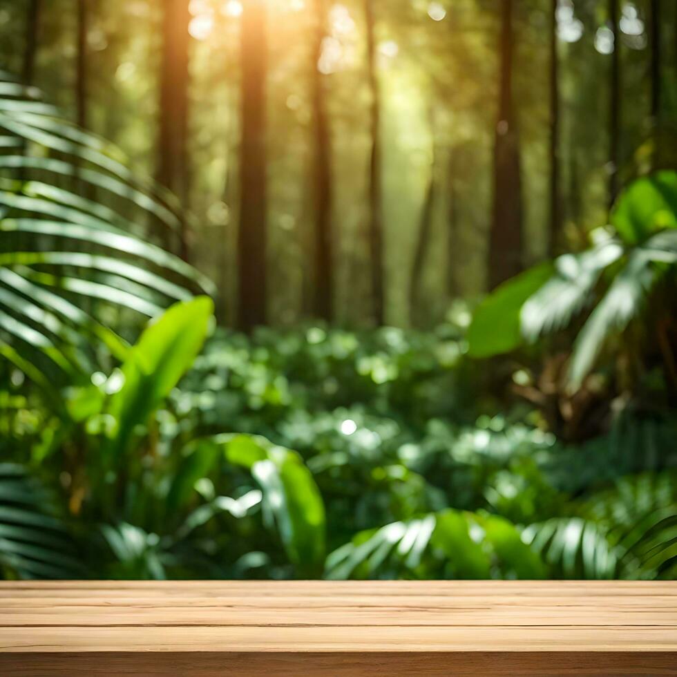 Empty Wood Table with Natural Nature Backdrop AI Generative Photo Mockup Background