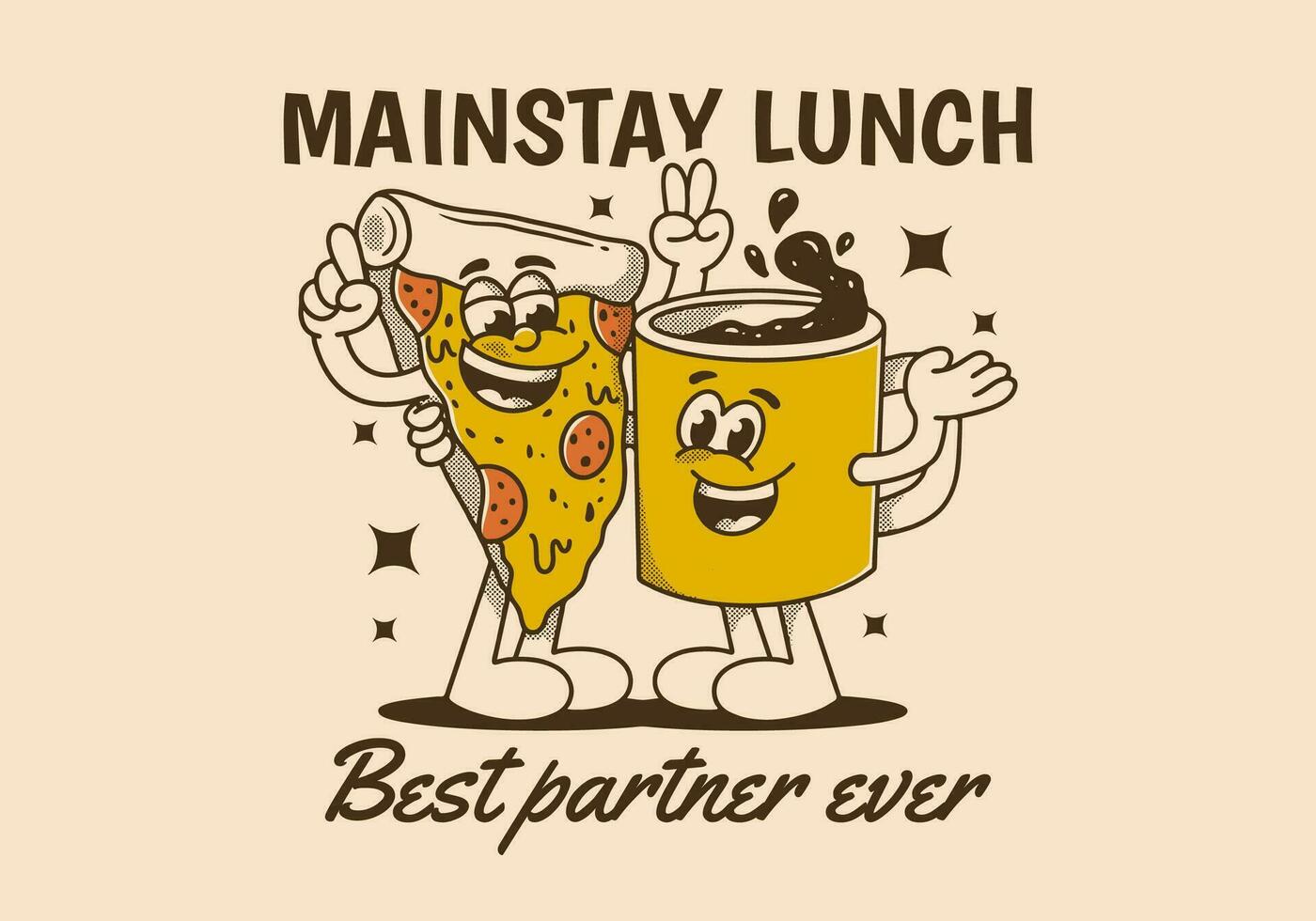 Mainstay lunch, best partner ever. Mascot character of a coffee mug and a slice pizza vector