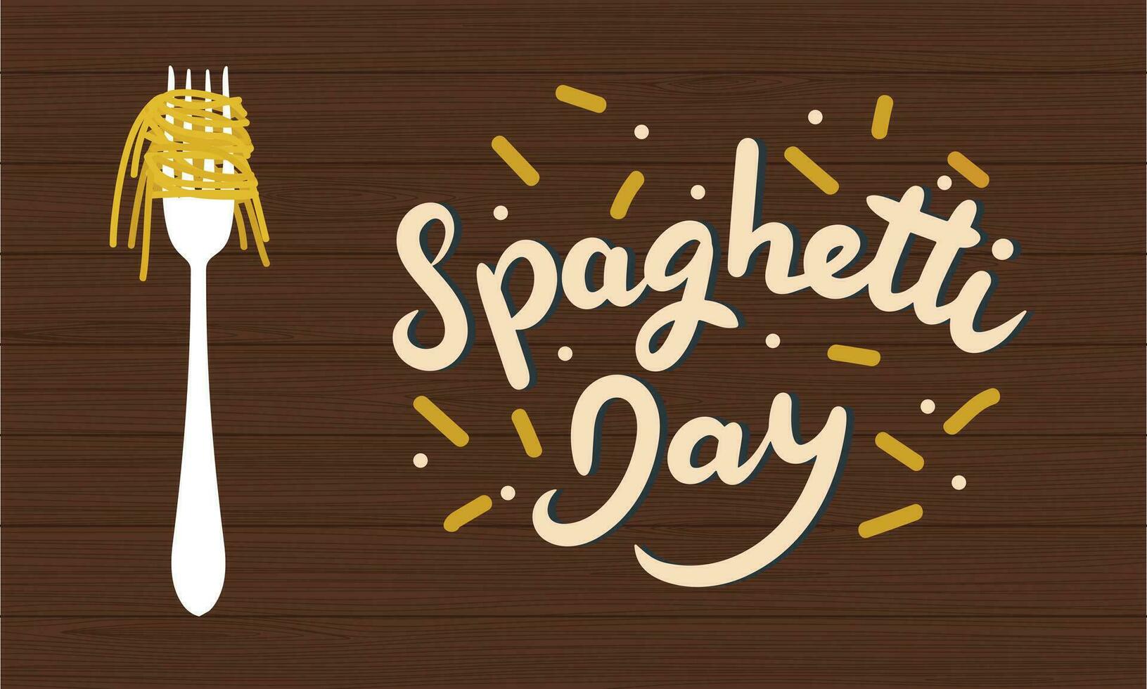 Banner for Spaghetti Day. Spaghetti with fork and lettering. Hand drawn vector illustration.