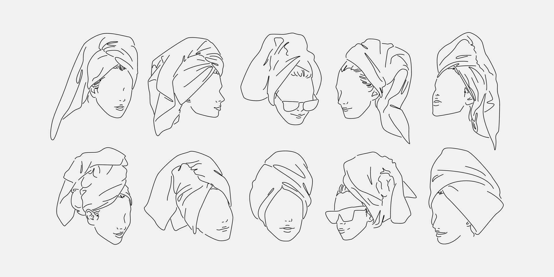 conjunto colección de línea Arte de un mujer cara con un toalla en su cabeza. editable ataque. vector ilustración.