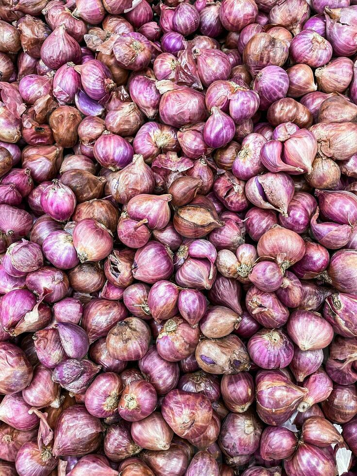 Red Onions are nicely stacked and piled up on this little market photo