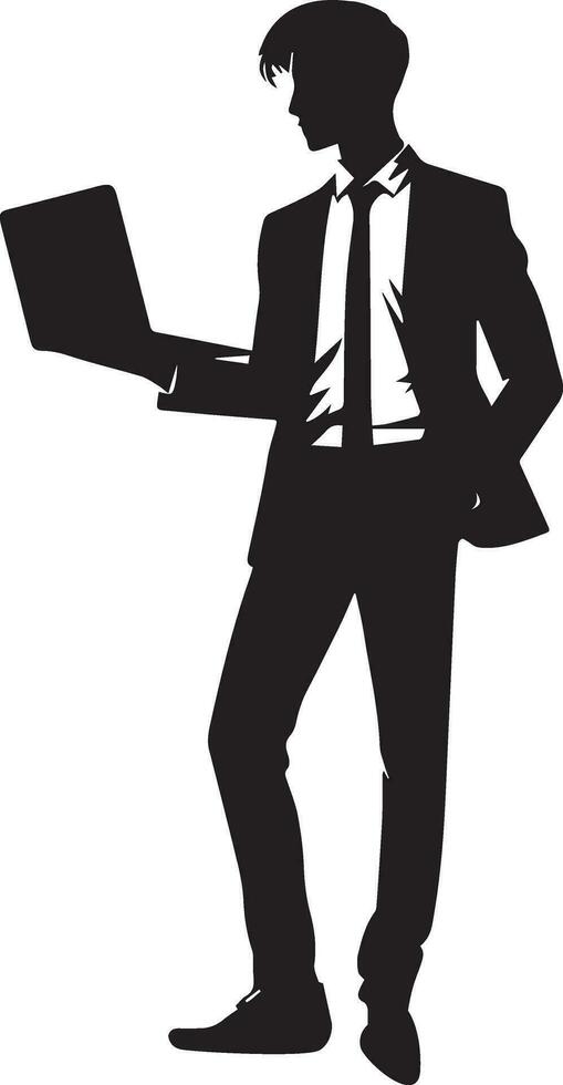 A Business man stand with laptop vector silhouette