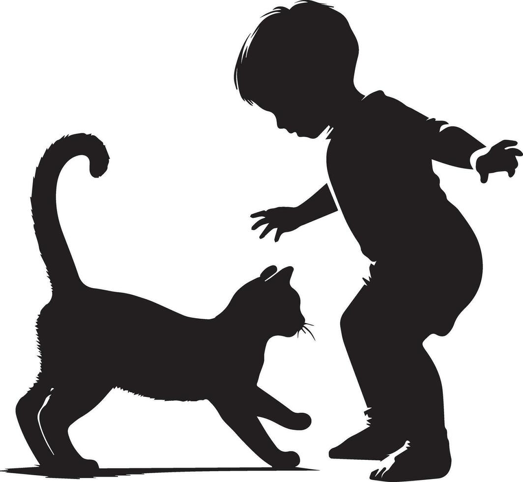 Child Playing With Cat Vector silhouette illustration 3