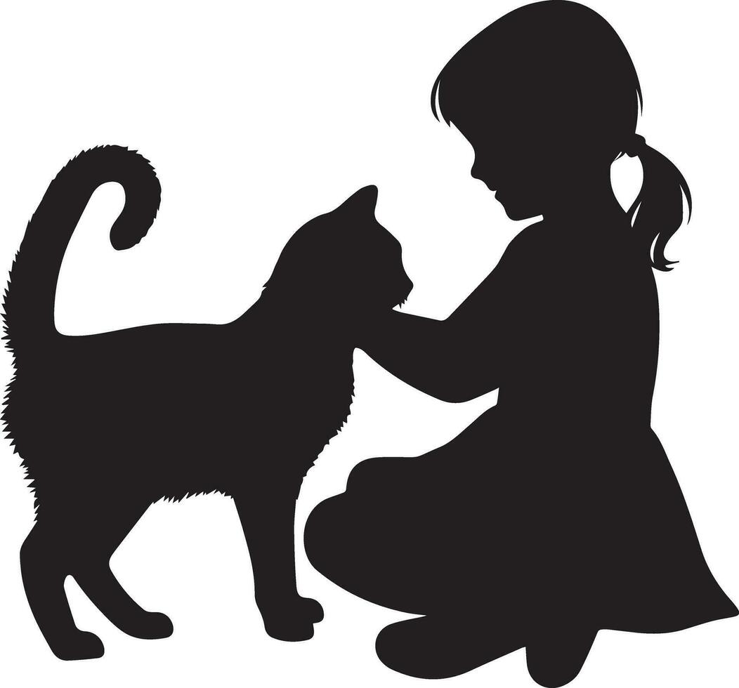 Child playing with cat vector silhouette illustration black color 8