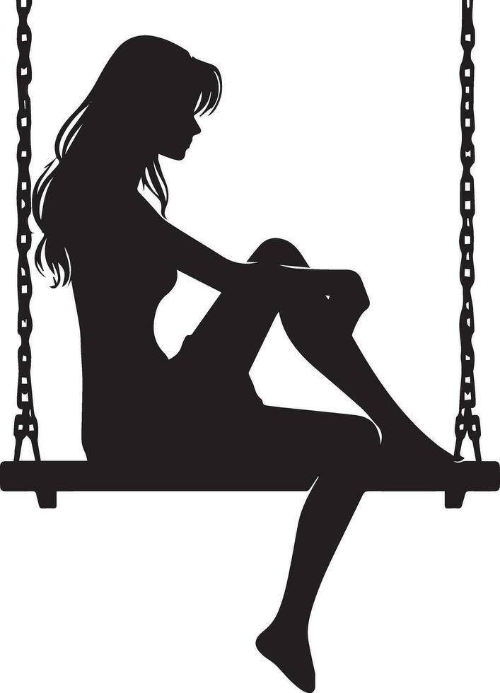 young girl sitting on the swing vector silhouette illustration black color white background 13