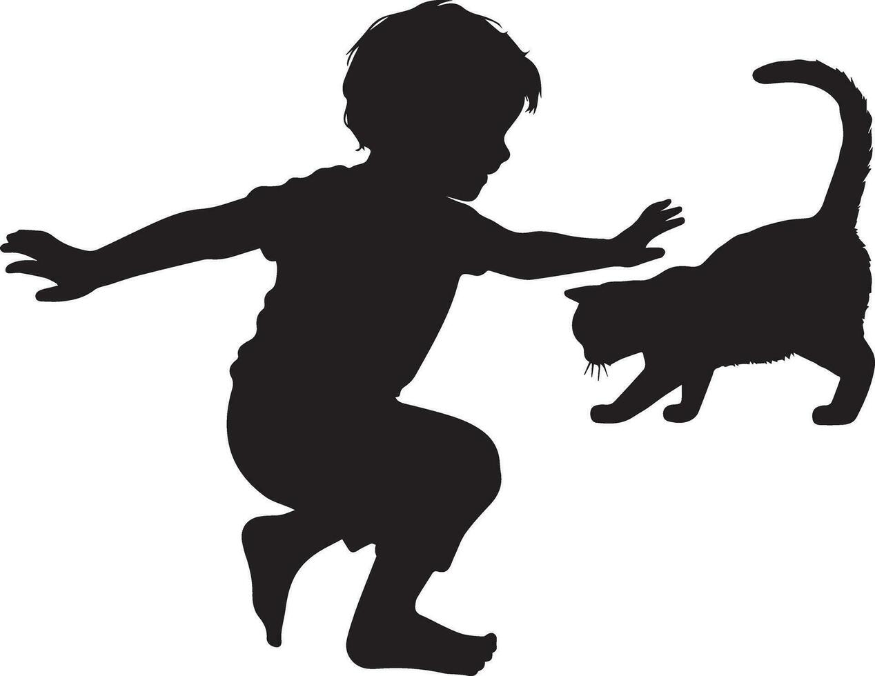 Child Playing With Cat Vector silhouette illustration