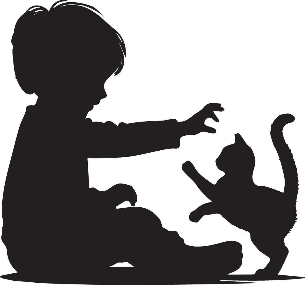 Child Playing With Cat Vector silhouette illustration 4