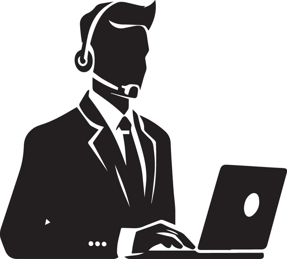 call center operator with headset black color silhouette vector