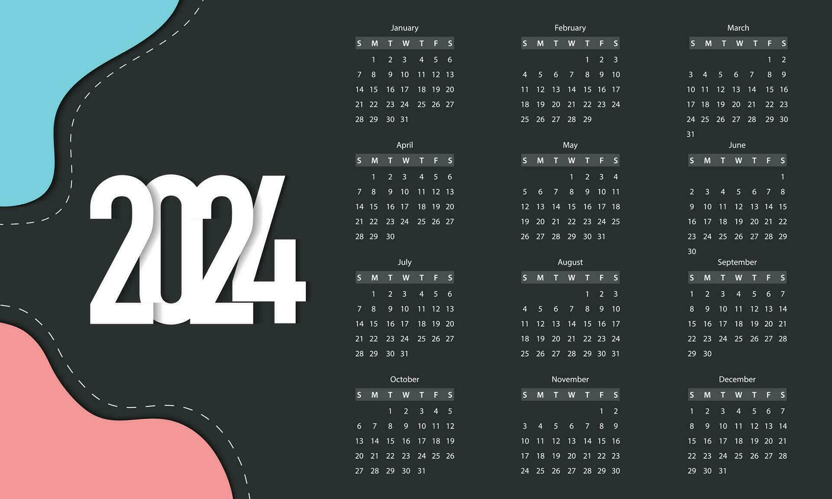 2024 Calendar With Number And Colorful Papercut vector