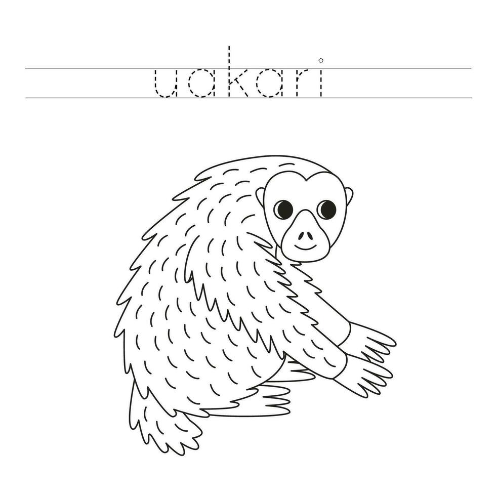 Trace the letters and color cartoon uakari. Handwriting practice for kids. vector