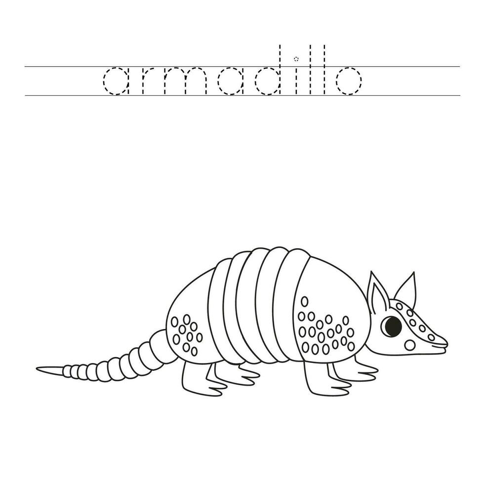 Trace the letters and color cartoon armadillo. Handwriting practice for kids. vector
