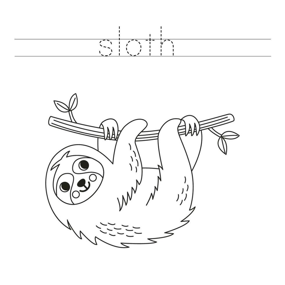 Trace the letters and color cartoon sloth. Handwriting practice for kids. vector