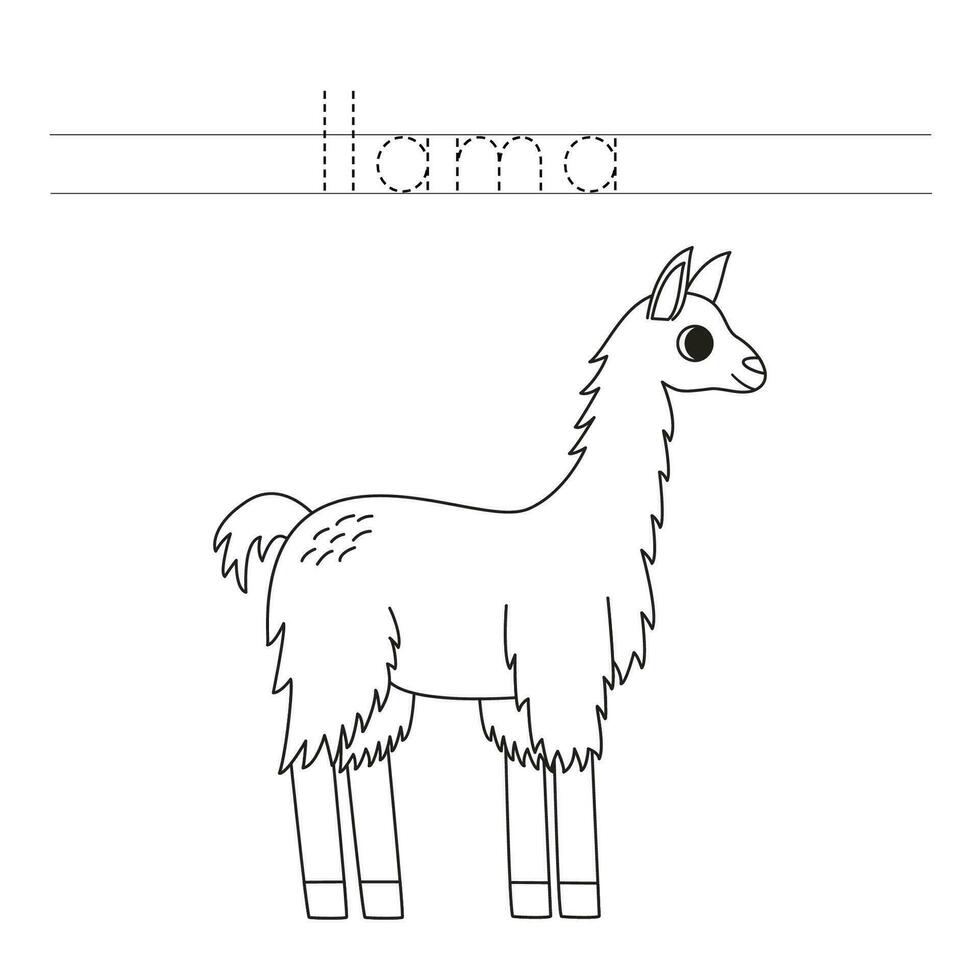 Trace the letters and color cartoon llama. Handwriting practice for kids. vector