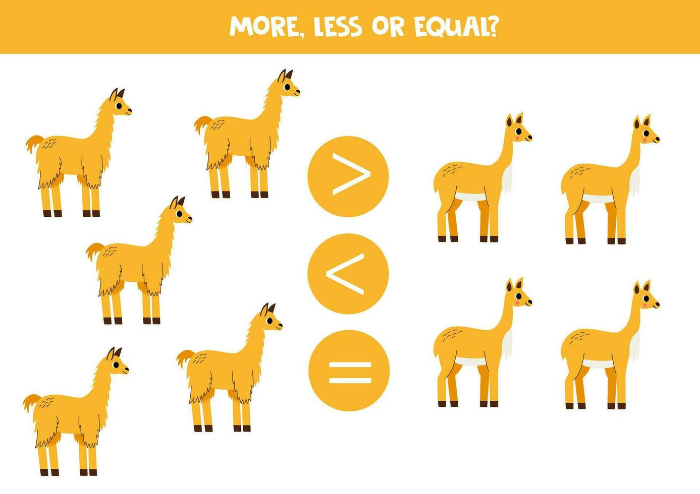 Grater, less or equal with cartoon llama and vicuna. vector