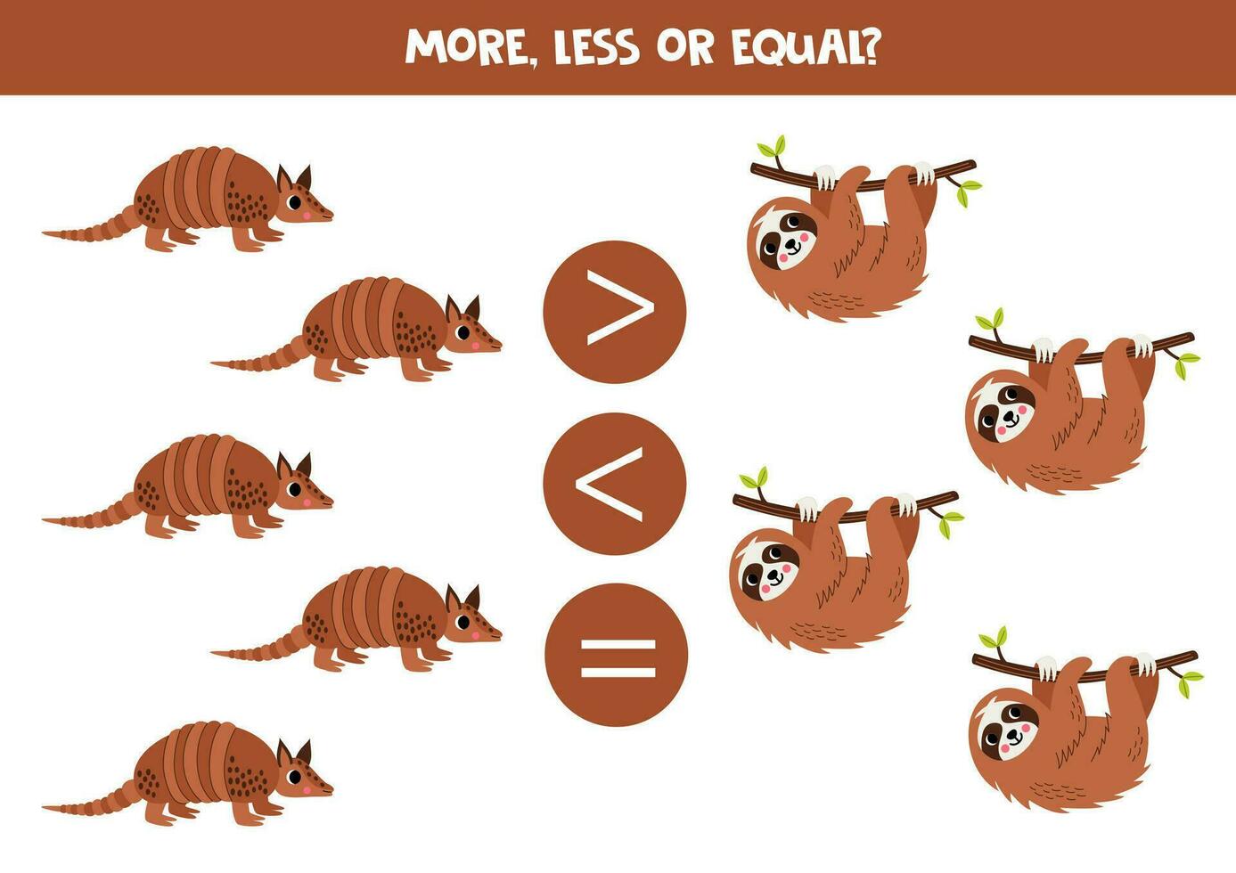 Grater, less or equal with cartoon cute sloth and armadillo. vector