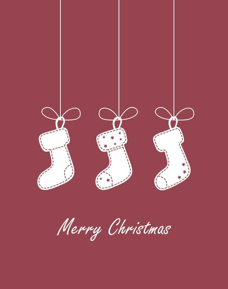 Christmas card with hanging socks on bows. Universal Christmas banner template, background with space for text vector