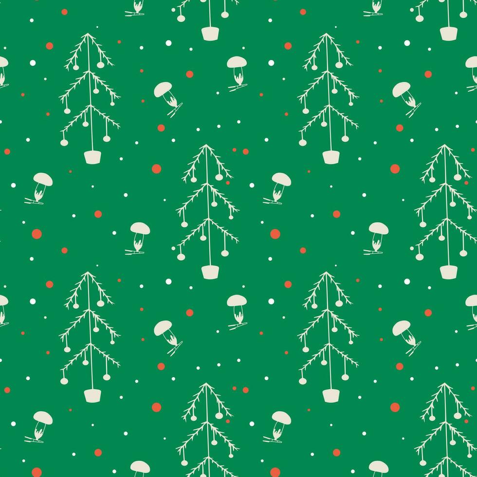Seamless pattern for Christmas with Christmas trees and mushrooms. Pattern with a green background, white Christmas trees and red berries. Doodle style vector