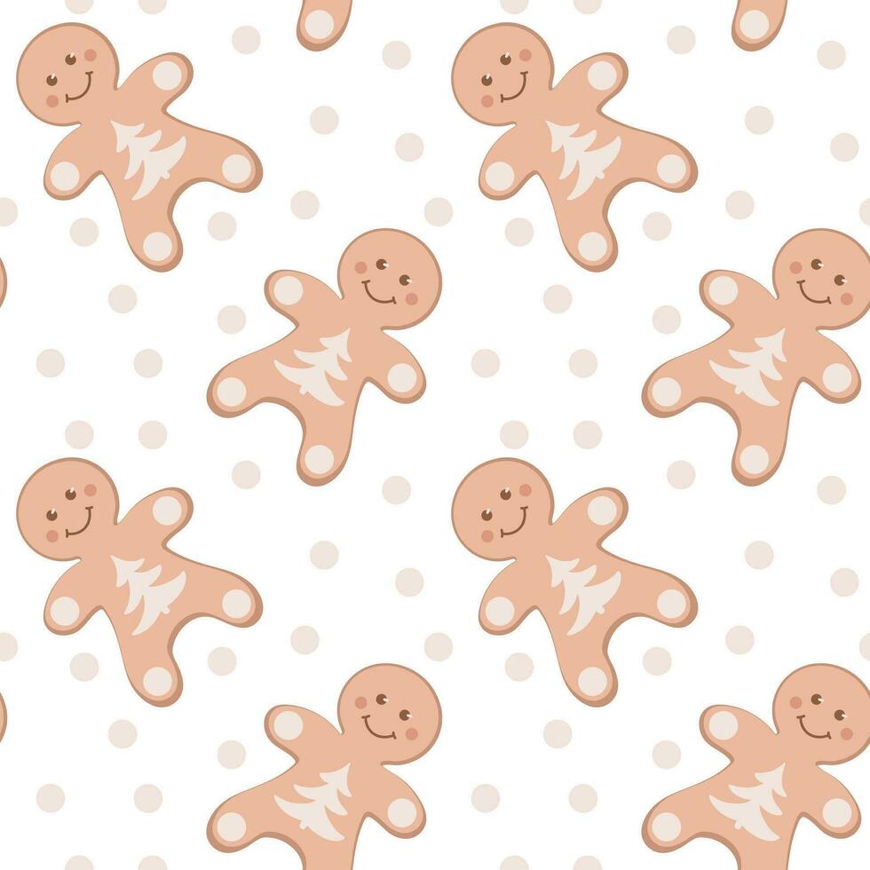 Abstract seamless pattern with a cute gingerbread man character on a white background, with pink decor. Universal template and stickers for postcards, banners, decoration vector