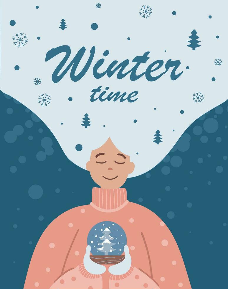 Christmas and New Year greeting card with people in Cartoon style. Minimalistic background for greetings, banners, covers. Greeting card design template. Winter time. vector