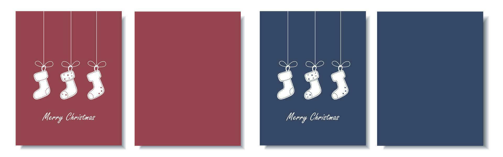 Set of 2 universal postcards with a red and blue background. Christmas card with hanging socks on bows. Universal Christmas banner template, background with space for text. vector