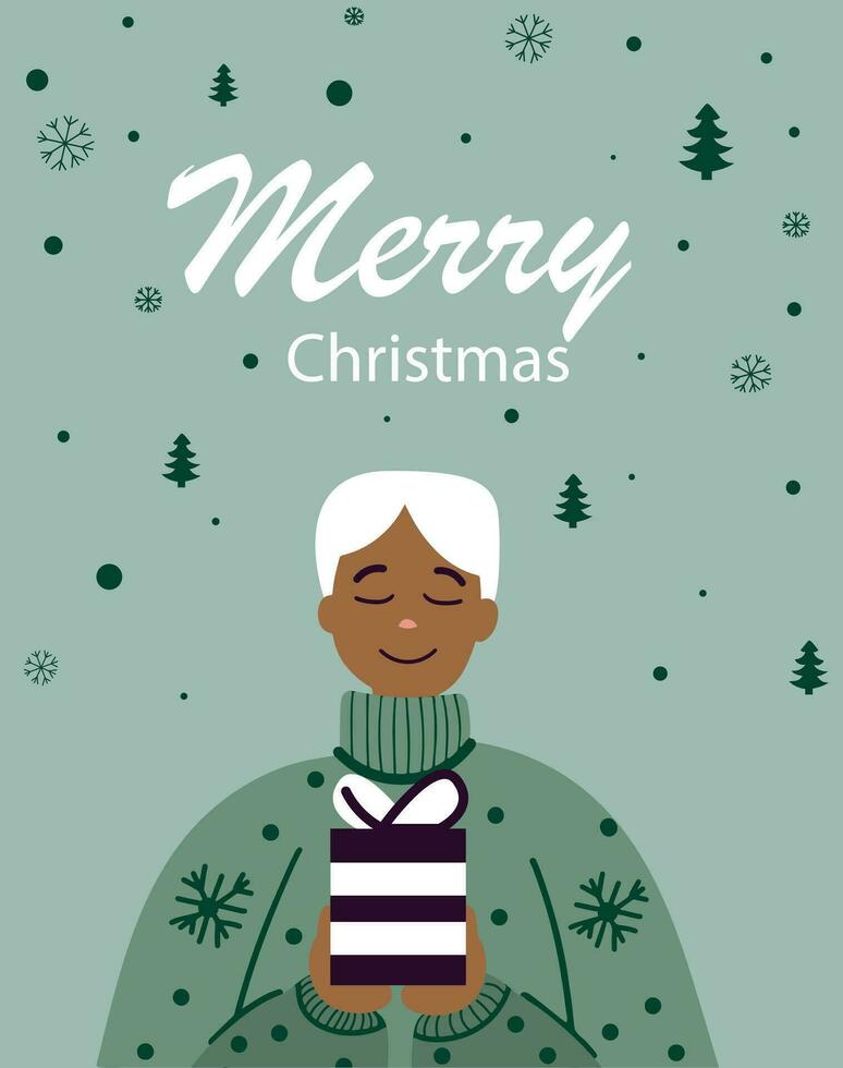 Navidad y nuevo año saludo tarjeta con un africano americano. minimalista antecedentes para saludos, pancartas, cubre saludo tarjeta diseño modelo. alegre Navidad. vector