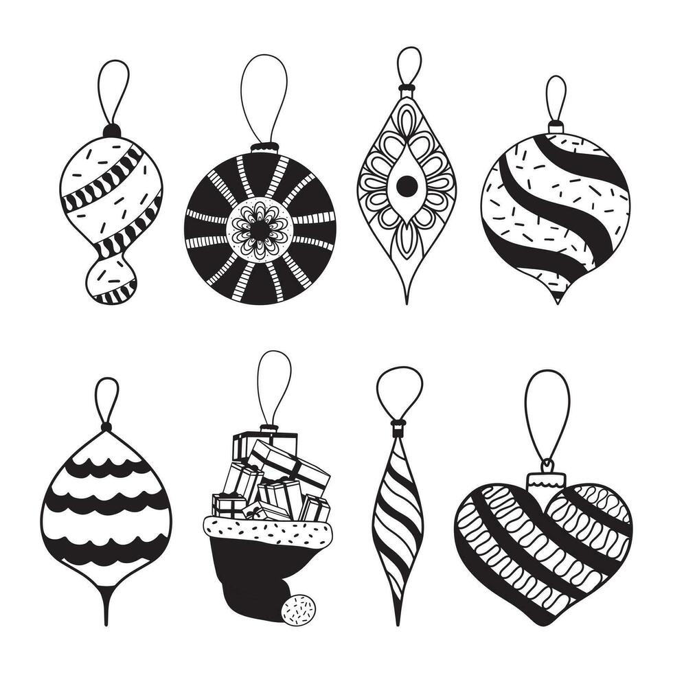 Set of glass Christmas toys in the style of 90. Doodle style and minimalism. Christmas Tree Decoration vector