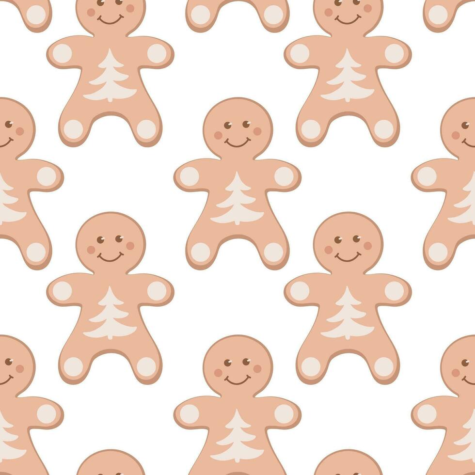 Seamless pattern with a cute gingerbread man character on a white background, with decorative winter elements. Universal template and sticker for postcards, banners, decoration vector