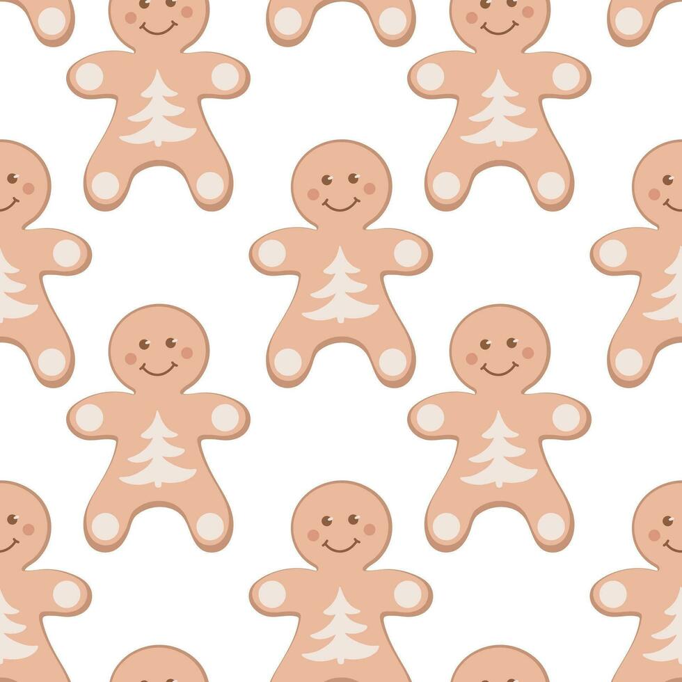 Seamless pattern with a cute gingerbread man character on a white background, with decorative winter elements. Universal template and sticker for postcards, banners, decoration vector