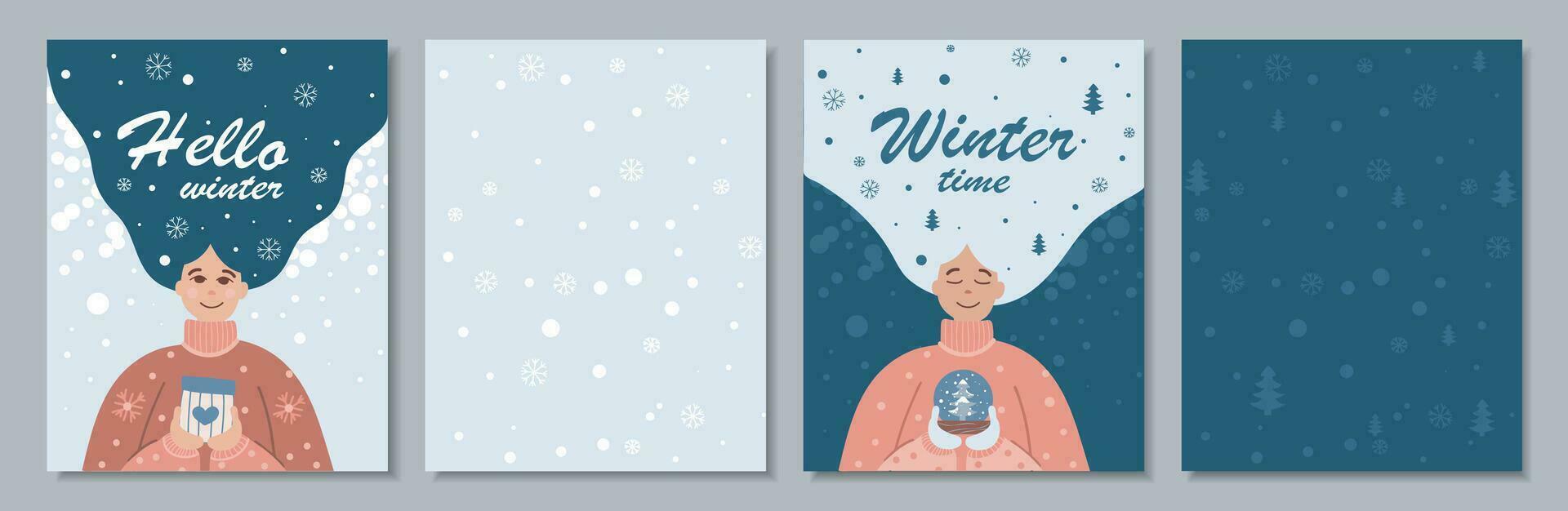 Modern universal art templates. Corporate holiday cards with a person, a gift, Christmas trees, snowflakes and snow. Blue background vector