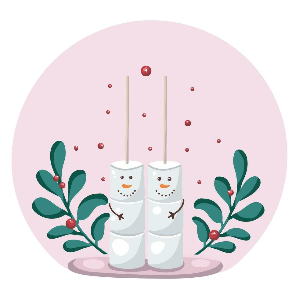 Cute marshmallow characters for the new year. Christmas gift balloon with green leaves and red berries on a pink background. Valentine's Day Greeting Card vector