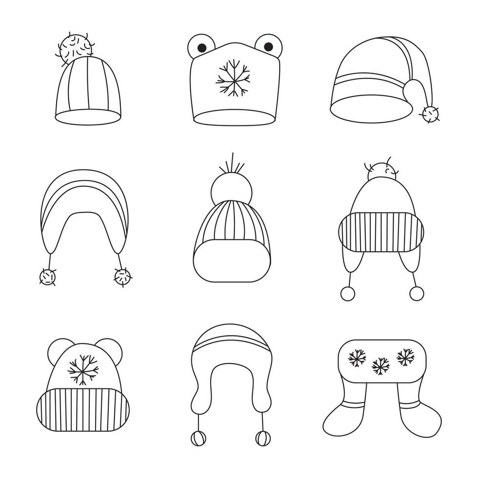 Set of 9 Doodle-style winter hats. Silhouette of hats for children and adults vector