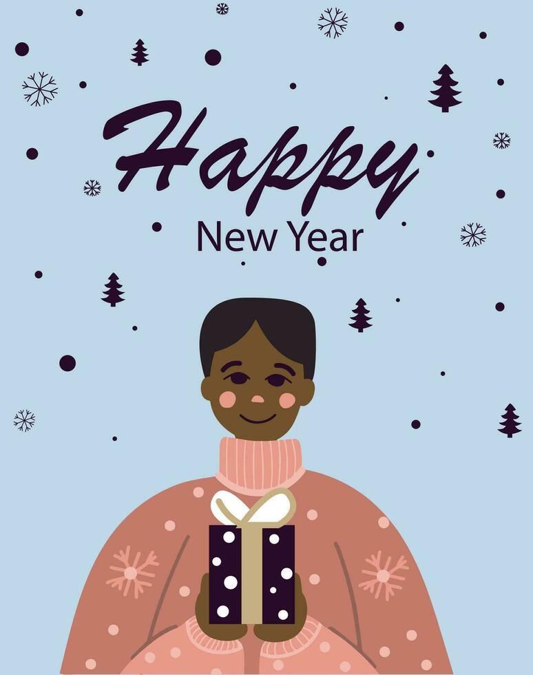 Happy New Year greeting card with african american. Christmas card for printing, banner, decoration vector