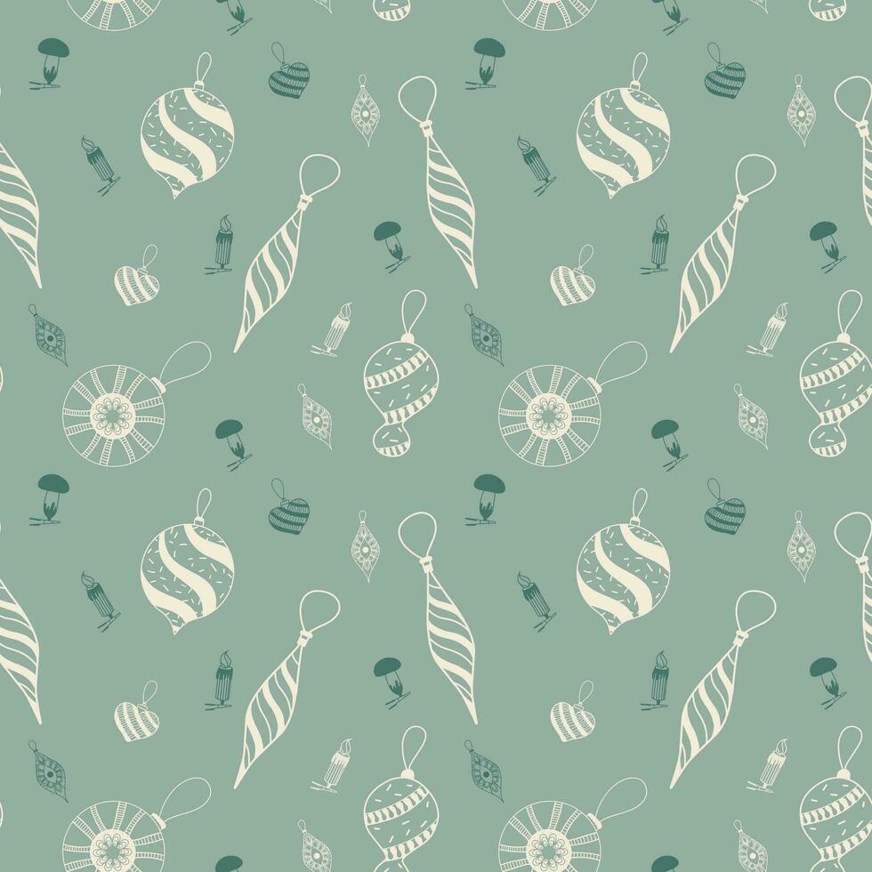Seamless pattern for Christmas with glass toys on a green background. Doodle style. Wrapping paper for New Year gifts vector
