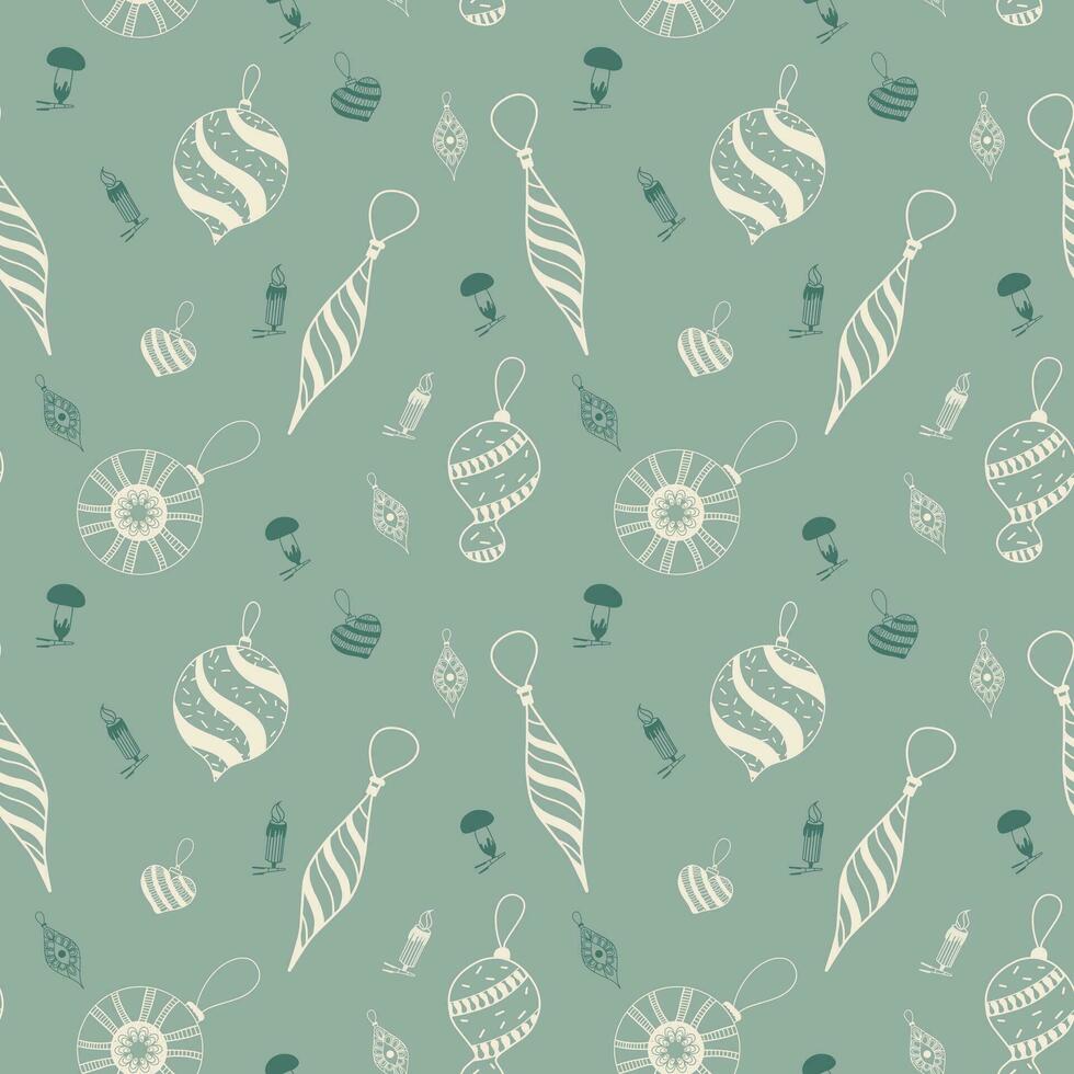 Seamless pattern for Christmas with glass toys on a green background. Doodle style. Wrapping paper for New Year gifts vector