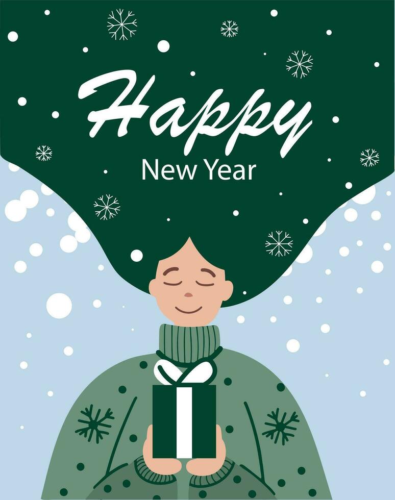Christmas and New Year greeting card with a girl. Minimalistic background for greetings, banners, covers. Greeting card design template. Happy New Year vector