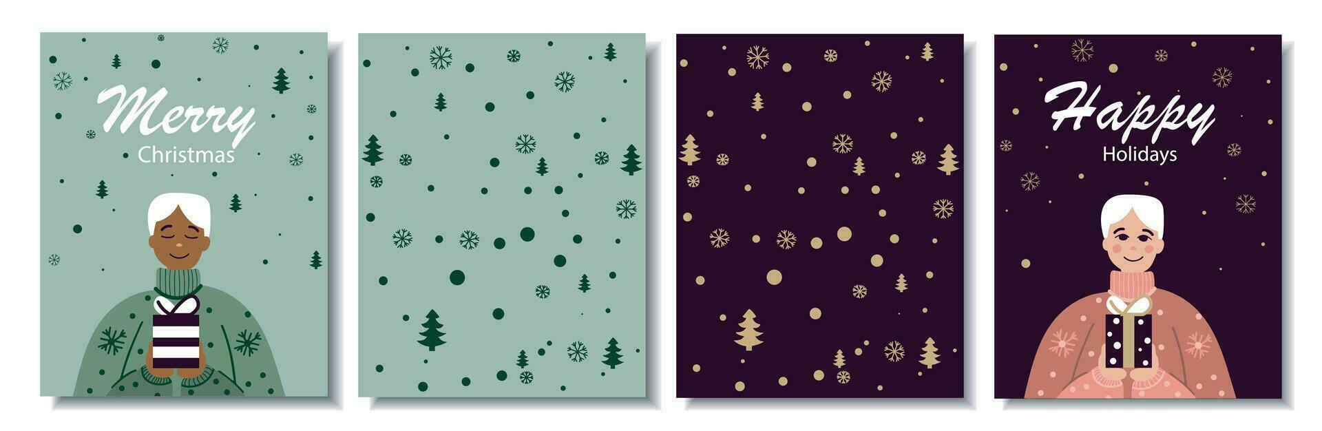 Set of postcards for Christmas and New Year 2 sides. Minimalistic background for greetings, banners, covers. Greeting card design template for printing vector