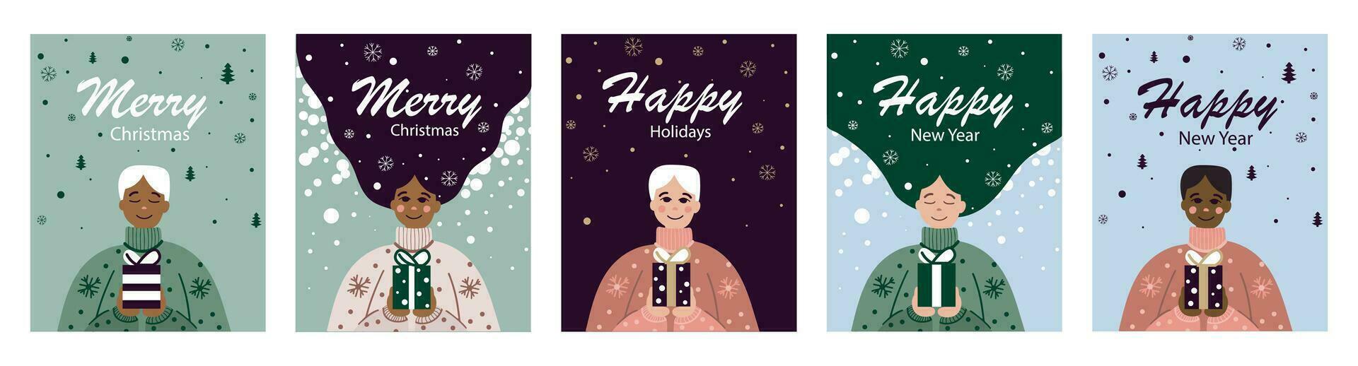 Modern universal art templates. Corporate holiday cards with a person, a gift, Christmas trees, snowflakes and snow. Vector illustration. Marry Christmas and Happy New Year